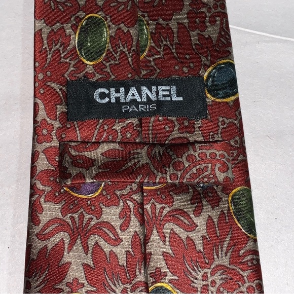 CHANEL wine red/gold silk NECKTIE cravat Gripoix cabochon pattern - Picture 2 of 10